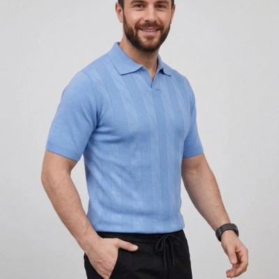Erkek Yazlık Triko Dokuma Tişört Kısa Kol Polo Yaka T-Shirt - Bebek Mavisi Erkek Yazlık Triko Dokuma Tişört Kısa Kol Polo Yaka T-Shirt - Bebek Mavisi