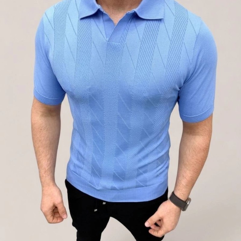 Erkek Yazlık Triko Dokuma Tişört Kısa Kol Polo Yaka T-Shirt - Bebek Mavisi Erkek Yazlık Triko Dokuma Tişört Kısa Kol Polo Yaka T-Shirt - Bebek Mavisi