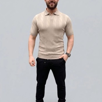 Erkek Yazlık Triko Dokuma Tişört Kısa Kol Polo Yaka T-Shirt - Bej Erkek Yazlık Triko Dokuma Tişört Kısa Kol Polo Yaka T-Shirt - Bej