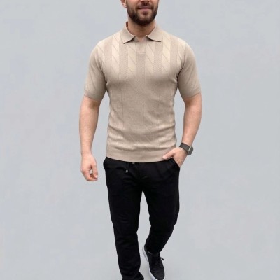 Erkek Yazlık Triko Dokuma Tişört Kısa Kol Polo Yaka T-Shirt - Bej Erkek Yazlık Triko Dokuma Tişört Kısa Kol Polo Yaka T-Shirt - Bej