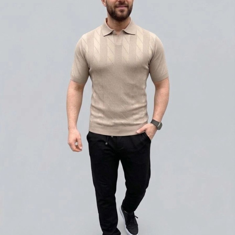 Erkek Yazlık Triko Dokuma Tişört Kısa Kol Polo Yaka T-Shirt - Bej Erkek Yazlık Triko Dokuma Tişört Kısa Kol Polo Yaka T-Shirt - Bej