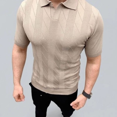 Erkek Yazlık Triko Dokuma Tişört Kısa Kol Polo Yaka T-Shirt - Bej Erkek Yazlık Triko Dokuma Tişört Kısa Kol Polo Yaka T-Shirt - Bej