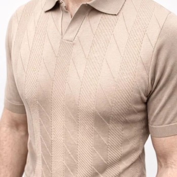Erkek Yazlık Triko Dokuma Tişört Kısa Kol Polo Yaka T-Shirt - Bej