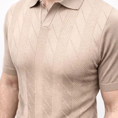 Erkek Yazlık Triko Dokuma Tişört Kısa Kol Polo Yaka T-Shirt - Bej Erkek Yazlık Triko Dokuma Tişört Kısa Kol Polo Yaka T-Shirt - Bej