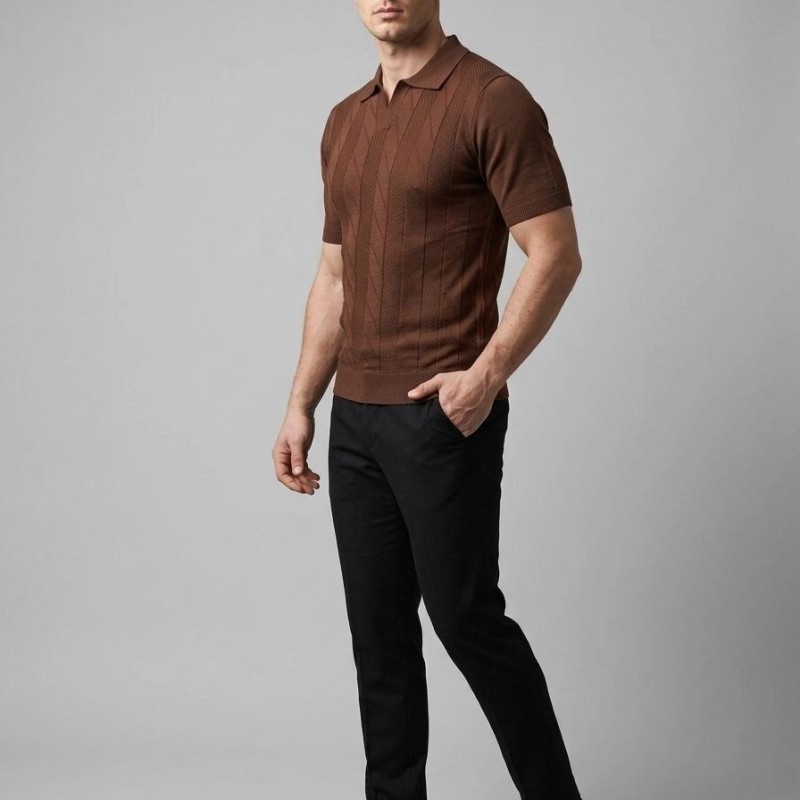 Erkek Yazlık Triko Dokuma Tişört Kısa Kol Polo Yaka T-Shirt - Kahverengi Erkek Yazlık Triko Dokuma Tişört Kısa Kol Polo Yaka T-Shirt - Kahverengi