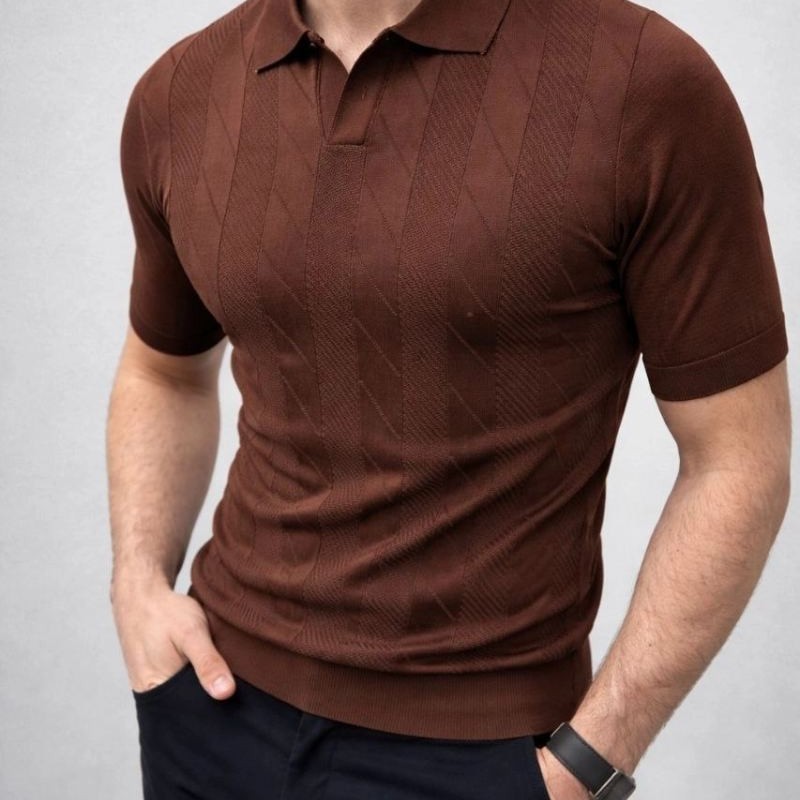 Erkek Yazlık Triko Dokuma Tişört Kısa Kol Polo Yaka T-Shirt - Kahverengi Erkek Yazlık Triko Dokuma Tişört Kısa Kol Polo Yaka T-Shirt - Kahverengi
