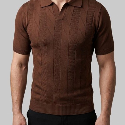 Erkek Yazlık Triko Dokuma Tişört Kısa Kol Polo Yaka T-Shirt - Kahverengi Erkek Yazlık Triko Dokuma Tişört Kısa Kol Polo Yaka T-Shirt - Kahverengi