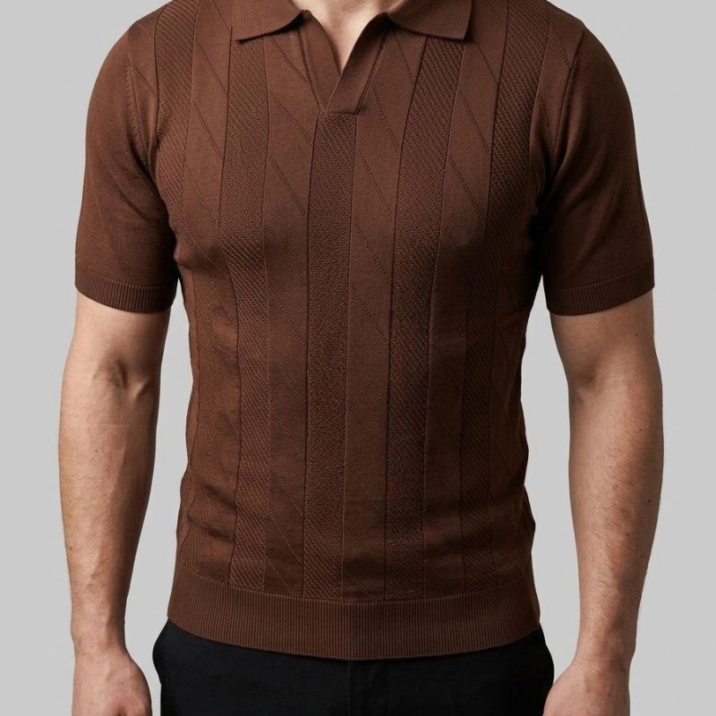 Erkek Yazlık Triko Dokuma Tişört Kısa Kol Polo Yaka T-Shirt - Kahverengi Erkek Yazlık Triko Dokuma Tişört Kısa Kol Polo Yaka T-Shirt - Kahverengi