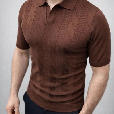 Erkek Yazlık Triko Dokuma Tişört Kısa Kol Polo Yaka T-Shirt - Kahverengi Erkek Yazlık Triko Dokuma Tişört Kısa Kol Polo Yaka T-Shirt - Kahverengi
