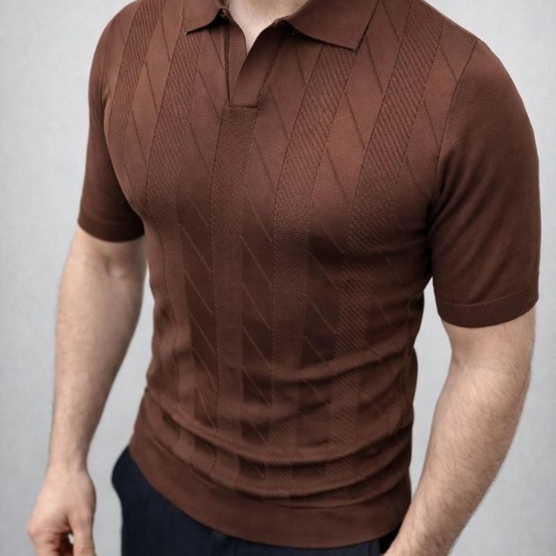 Erkek Yazlık Triko Dokuma Tişört Kısa Kol Polo Yaka T-Shirt - Kahverengi Erkek Yazlık Triko Dokuma Tişört Kısa Kol Polo Yaka T-Shirt - Kahverengi