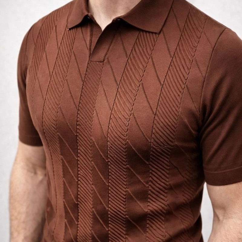 Erkek Yazlık Triko Dokuma Tişört Kısa Kol Polo Yaka T-Shirt - Kahverengi Erkek Yazlık Triko Dokuma Tişört Kısa Kol Polo Yaka T-Shirt - Kahverengi