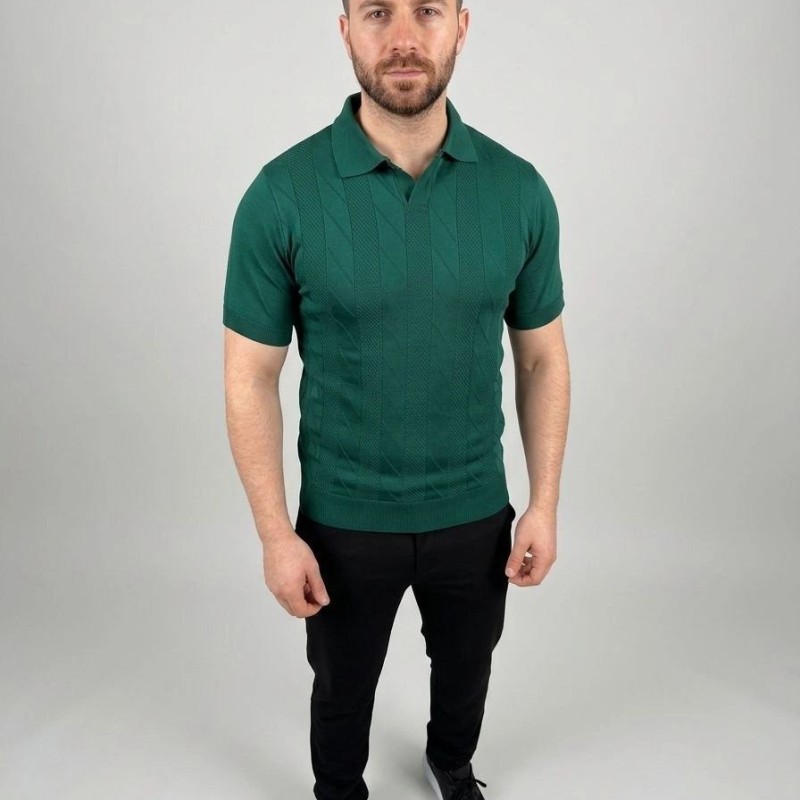 Erkek Yazlık Triko Dokuma Tişört Kısa Kol Polo Yaka T-Shirt - Koyu Yeşil