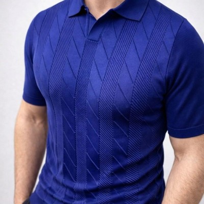 Erkek Yazlık Triko Dokuma Tişört Kısa Kol Polo Yaka T-Shirt - Lacivert
