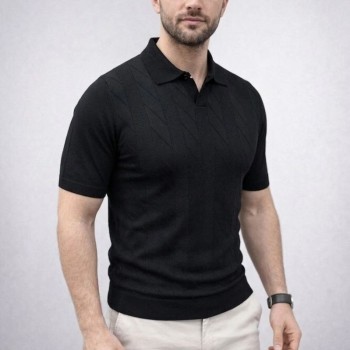Erkek Yazlık Triko Dokuma Tişört Kısa Kol Polo Yaka T-Shirt - Siyah Erkek Yazlık Triko Dokuma Tişört Kısa Kol Polo Yaka T-Shirt - Siyah