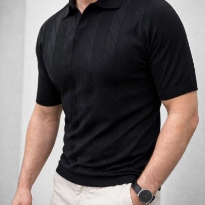 Erkek Yazlık Triko Dokuma Tişört Kısa Kol Polo Yaka T-Shirt - Siyah Erkek Yazlık Triko Dokuma Tişört Kısa Kol Polo Yaka T-Shirt - Siyah