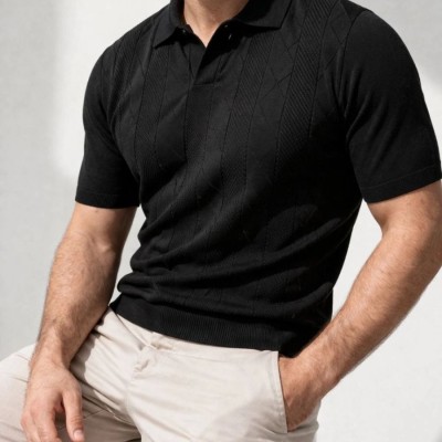 Erkek Yazlık Triko Dokuma Tişört Kısa Kol Polo Yaka T-Shirt - Siyah Erkek Yazlık Triko Dokuma Tişört Kısa Kol Polo Yaka T-Shirt - Siyah