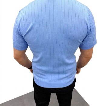 Erkek Yazlık Triko Saç Örgü Tişört Kısa Kol Polo Yaka Fermuarlı T-Shirt - Bebe Mavisi Erkek Yazlık Triko Saç Örgü Tişört Kısa Kol Polo Yaka Fermuarlı T-Shirt - Bebe Mavisi