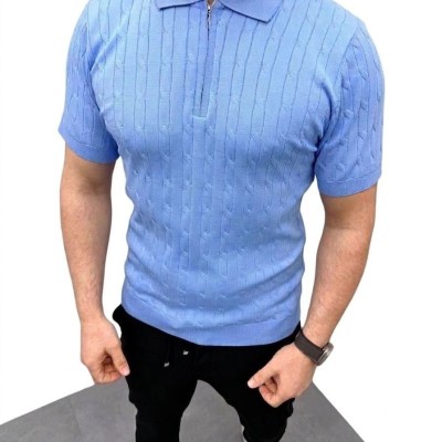 Erkek Yazlık Triko Saç Örgü Tişört Kısa Kol Polo Yaka Fermuarlı T-Shirt - Bebe Mavisi Erkek Yazlık Triko Saç Örgü Tişört Kısa Kol Polo Yaka Fermuarlı T-Shirt - Bebe Mavisi