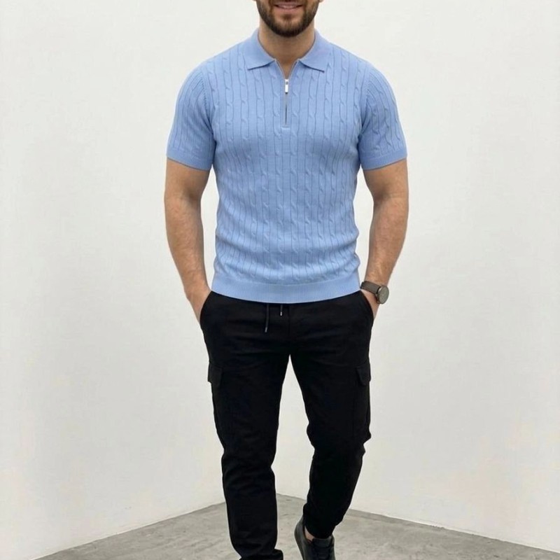 Erkek Yazlık Triko Saç Örgü Tişört Kısa Kol Polo Yaka Fermuarlı T-Shirt - Bebe Mavisi Erkek Yazlık Triko Saç Örgü Tişört Kısa Kol Polo Yaka Fermuarlı T-Shirt - Bebe Mavisi