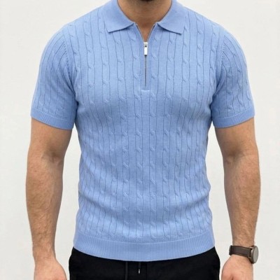 Erkek Yazlık Triko Saç Örgü Tişört Kısa Kol Polo Yaka Fermuarlı T-Shirt - Bebe Mavisi Erkek Yazlık Triko Saç Örgü Tişört Kısa Kol Polo Yaka Fermuarlı T-Shirt - Bebe Mavisi