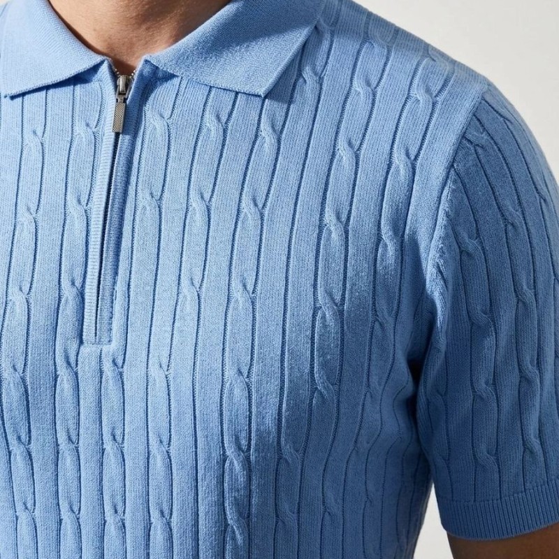 Erkek Yazlık Triko Saç Örgü Tişört Kısa Kol Polo Yaka Fermuarlı T-Shirt - Bebe Mavisi Erkek Yazlık Triko Saç Örgü Tişört Kısa Kol Polo Yaka Fermuarlı T-Shirt - Bebe Mavisi