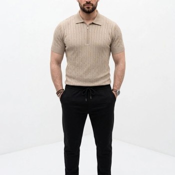 Erkek Yazlık Triko Saç Örgü Tişört Kısa Kol Polo Yaka Fermuarlı T-Shirt - Bej Erkek Yazlık Triko Saç Örgü Tişört Kısa Kol Polo Yaka Fermuarlı T-Shirt - Bej