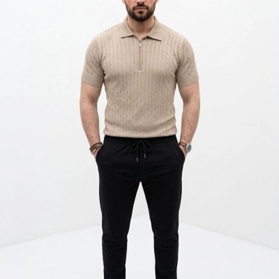 Erkek Yazlık Triko Saç Örgü Tişört Kısa Kol Polo Yaka Fermuarlı T-Shirt - Bej