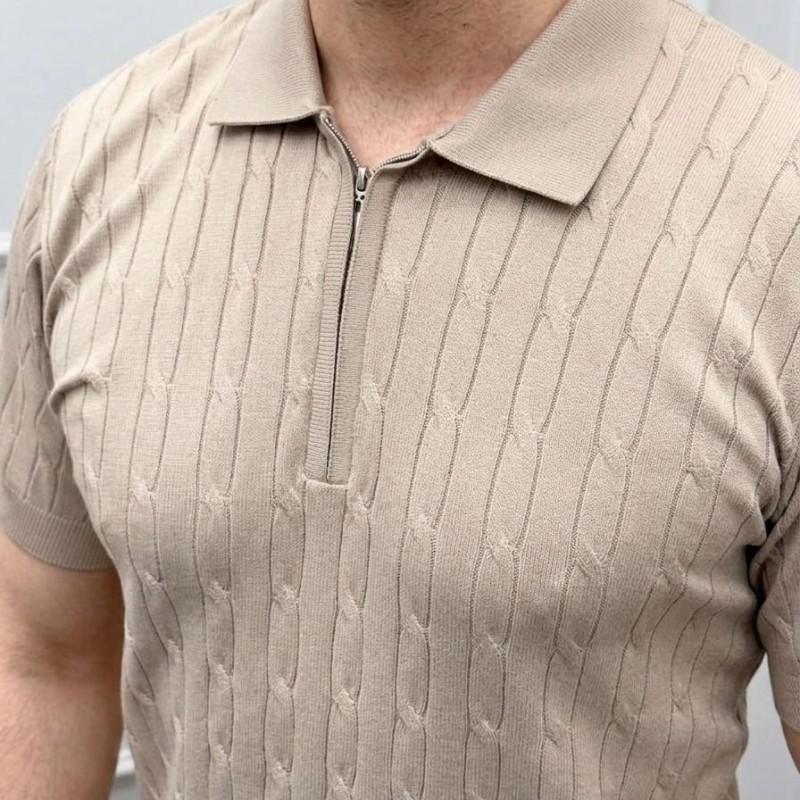 Erkek Yazlık Triko Saç Örgü Tişört Kısa Kol Polo Yaka Fermuarlı T-Shirt - Bej