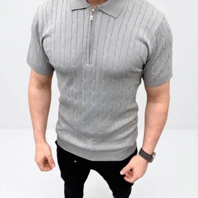 Erkek Yazlık Triko Saç Örgü Tişört Kısa Kol Polo Yaka Fermuarlı T-Shirt - Gri Erkek Yazlık Triko Saç Örgü Tişört Kısa Kol Polo Yaka Fermuarlı T-Shirt - Gri