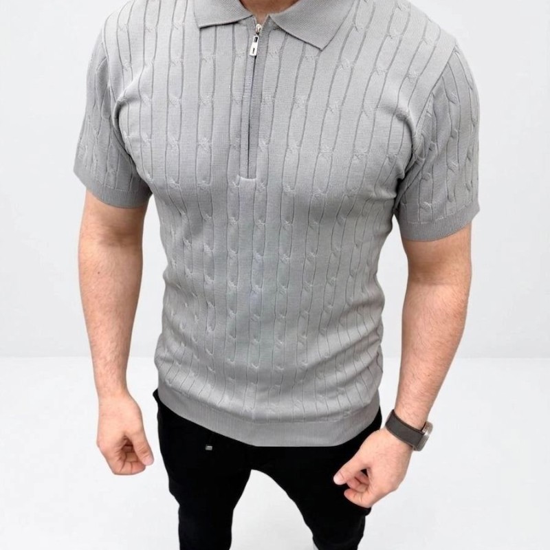 Erkek Yazlık Triko Saç Örgü Tişört Kısa Kol Polo Yaka Fermuarlı T-Shirt - Gri Erkek Yazlık Triko Saç Örgü Tişört Kısa Kol Polo Yaka Fermuarlı T-Shirt - Gri
