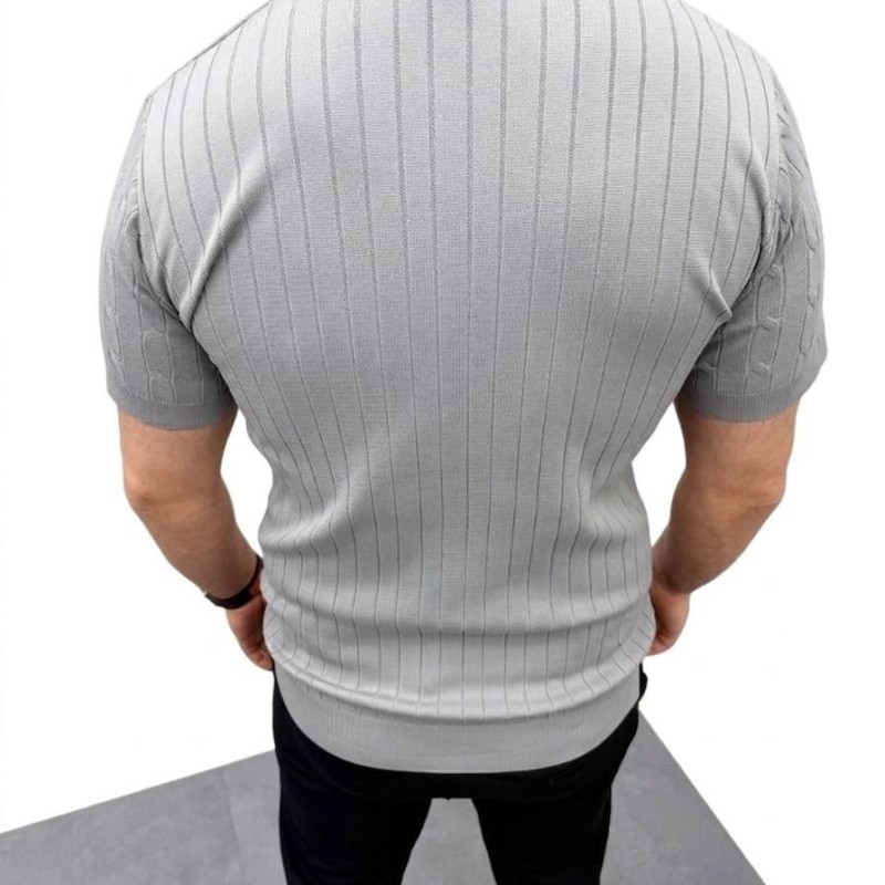 Erkek Yazlık Triko Saç Örgü Tişört Kısa Kol Polo Yaka Fermuarlı T-Shirt - Gri Erkek Yazlık Triko Saç Örgü Tişört Kısa Kol Polo Yaka Fermuarlı T-Shirt - Gri