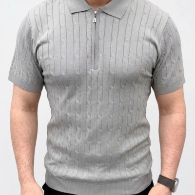 Erkek Yazlık Triko Saç Örgü Tişört Kısa Kol Polo Yaka Fermuarlı T-Shirt - Gri Erkek Yazlık Triko Saç Örgü Tişört Kısa Kol Polo Yaka Fermuarlı T-Shirt - Gri