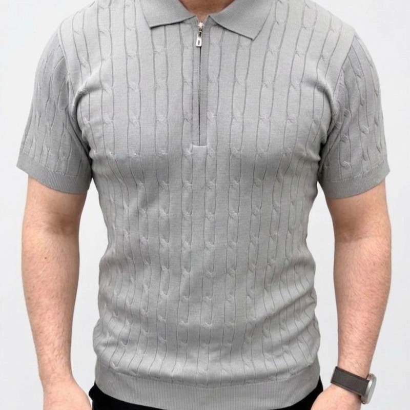 Erkek Yazlık Triko Saç Örgü Tişört Kısa Kol Polo Yaka Fermuarlı T-Shirt - Gri Erkek Yazlık Triko Saç Örgü Tişört Kısa Kol Polo Yaka Fermuarlı T-Shirt - Gri