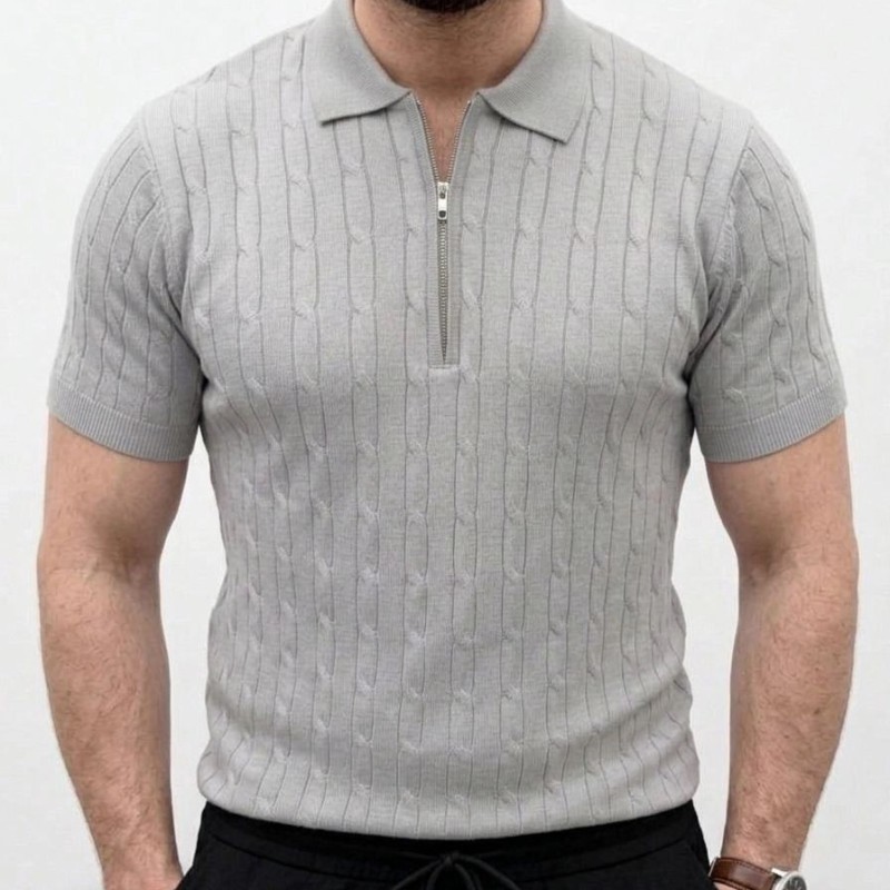 Erkek Yazlık Triko Saç Örgü Tişört Kısa Kol Polo Yaka Fermuarlı T-Shirt - Gri Erkek Yazlık Triko Saç Örgü Tişört Kısa Kol Polo Yaka Fermuarlı T-Shirt - Gri