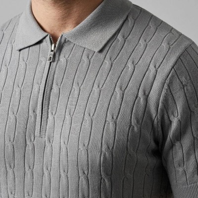 Erkek Yazlık Triko Saç Örgü Tişört Kısa Kol Polo Yaka Fermuarlı T-Shirt - Gri Erkek Yazlık Triko Saç Örgü Tişört Kısa Kol Polo Yaka Fermuarlı T-Shirt - Gri