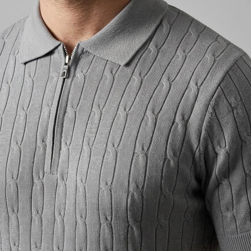 Erkek Yazlık Triko Saç Örgü Tişört Kısa Kol Polo Yaka Fermuarlı T-Shirt - Gri Erkek Yazlık Triko Saç Örgü Tişört Kısa Kol Polo Yaka Fermuarlı T-Shirt - Gri