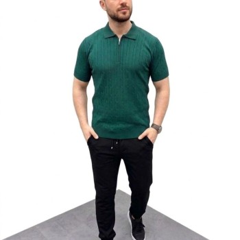 Erkek Yazlık Triko Saç Örgü Tişört Kısa Kol Polo Yaka Fermuarlı T-Shirt - Haki Erkek Yazlık Triko Saç Örgü Tişört Kısa Kol Polo Yaka Fermuarlı T-Shirt - Haki