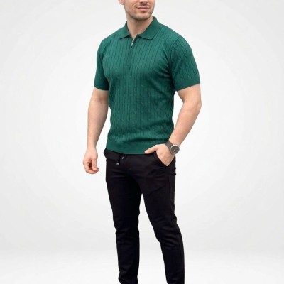 Erkek Yazlık Triko Saç Örgü Tişört Kısa Kol Polo Yaka Fermuarlı T-Shirt - Haki