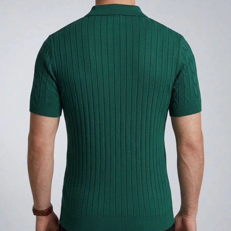 Erkek Yazlık Triko Saç Örgü Tişört Kısa Kol Polo Yaka Fermuarlı T-Shirt - Haki