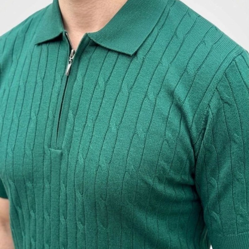 Erkek Yazlık Triko Saç Örgü Tişört Kısa Kol Polo Yaka Fermuarlı T-Shirt - Haki
