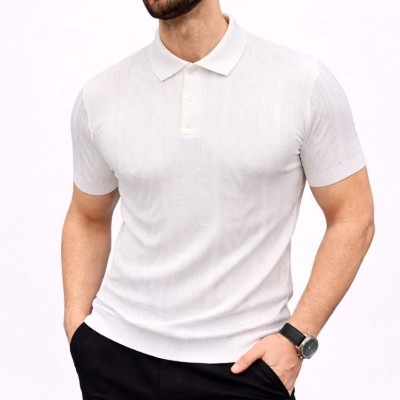 Erkek Yazlık Triko Tişört Kısa Kol Polo Yaka Düğmeli T-Shirt - Beyaz Erkek Yazlık Triko Tişört Kısa Kol Polo Yaka Düğmeli T-Shirt - Beyaz
