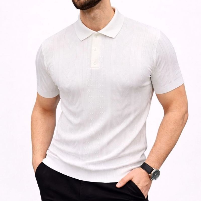Erkek Yazlık Triko Tişört Kısa Kol Polo Yaka Düğmeli T-Shirt - Beyaz Erkek Yazlık Triko Tişört Kısa Kol Polo Yaka Düğmeli T-Shirt - Beyaz