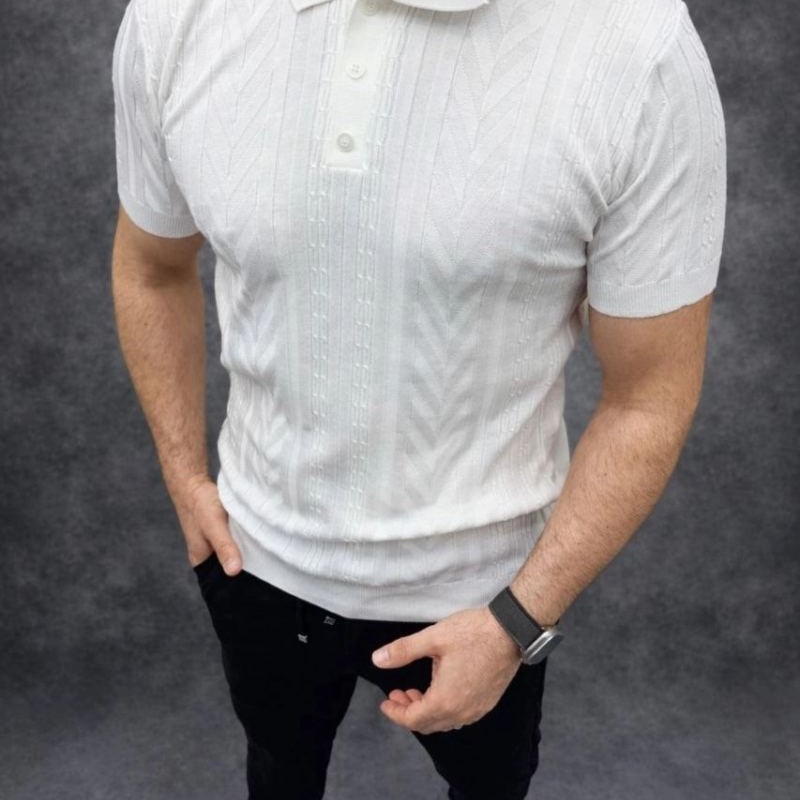 Erkek Yazlık Triko Tişört Kısa Kol Polo Yaka Düğmeli T-Shirt - Beyaz Erkek Yazlık Triko Tişört Kısa Kol Polo Yaka Düğmeli T-Shirt - Beyaz