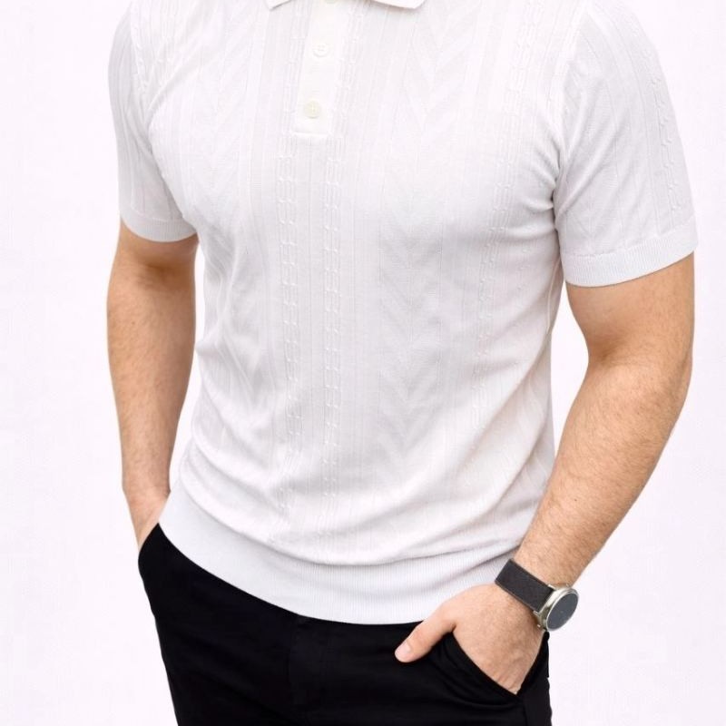 Erkek Yazlık Triko Tişört Kısa Kol Polo Yaka Düğmeli T-Shirt - Beyaz Erkek Yazlık Triko Tişört Kısa Kol Polo Yaka Düğmeli T-Shirt - Beyaz