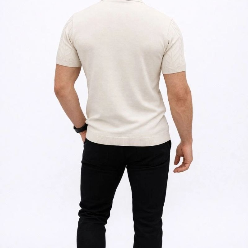 Erkek Yazlık Triko Tişört Kısa Kol Polo Yaka Düğmeli T-Shirt - Krem Erkek Yazlık Triko Tişört Kısa Kol Polo Yaka Düğmeli T-Shirt - Krem