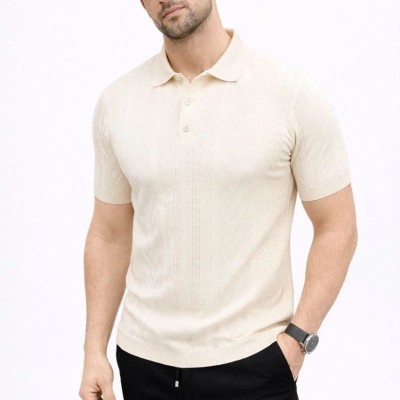 Erkek Yazlık Triko Tişört Kısa Kol Polo Yaka Düğmeli T-Shirt - Krem Erkek Yazlık Triko Tişört Kısa Kol Polo Yaka Düğmeli T-Shirt - Krem