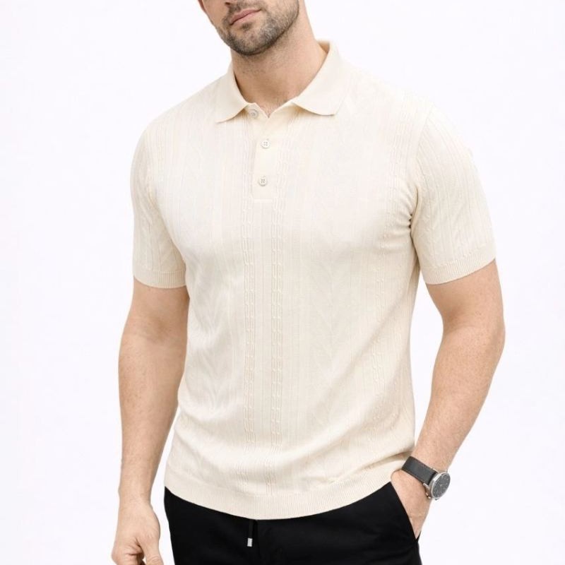 Erkek Yazlık Triko Tişört Kısa Kol Polo Yaka Düğmeli T-Shirt - Krem Erkek Yazlık Triko Tişört Kısa Kol Polo Yaka Düğmeli T-Shirt - Krem