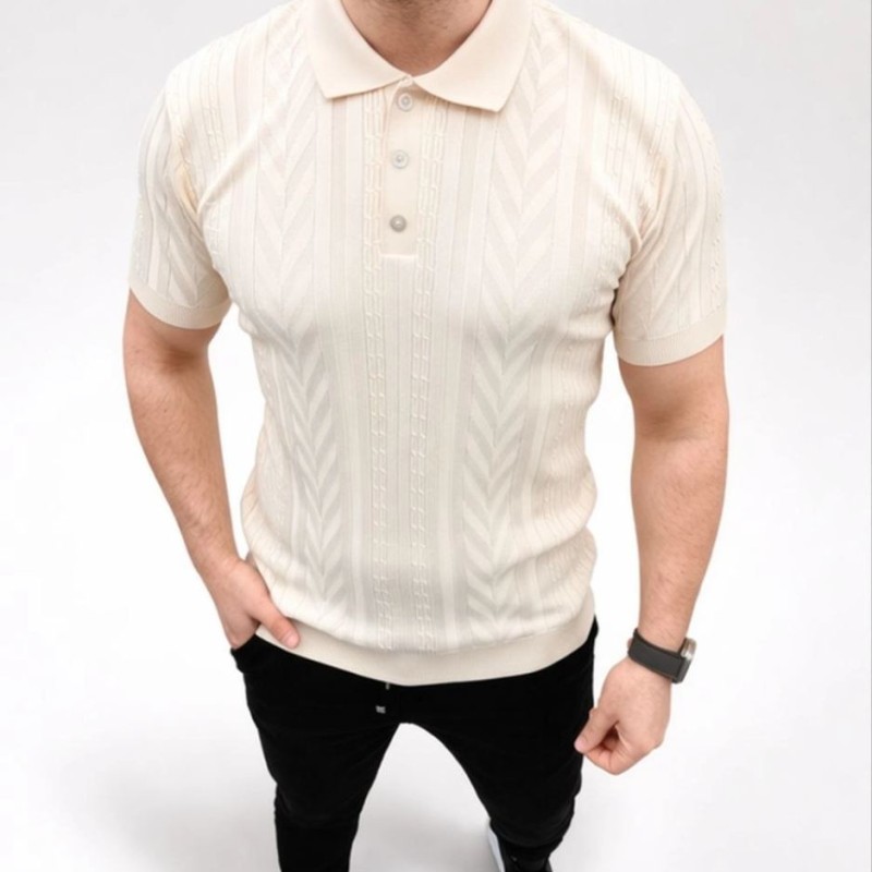 Erkek Yazlık Triko Tişört Kısa Kol Polo Yaka Düğmeli T-Shirt - Krem Erkek Yazlık Triko Tişört Kısa Kol Polo Yaka Düğmeli T-Shirt - Krem