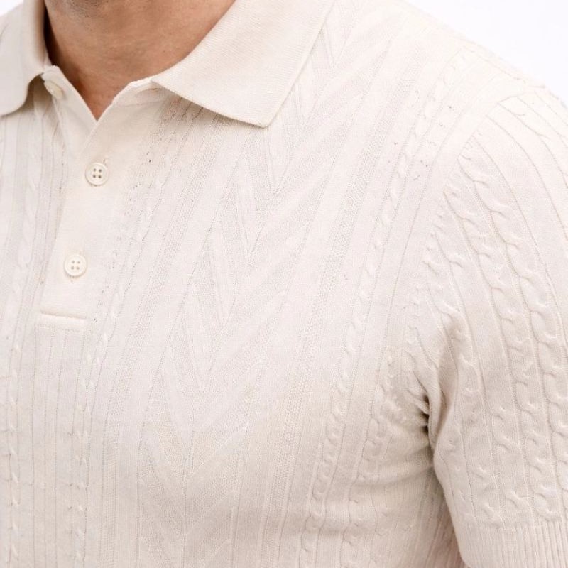 Erkek Yazlık Triko Tişört Kısa Kol Polo Yaka Düğmeli T-Shirt - Krem Erkek Yazlık Triko Tişört Kısa Kol Polo Yaka Düğmeli T-Shirt - Krem