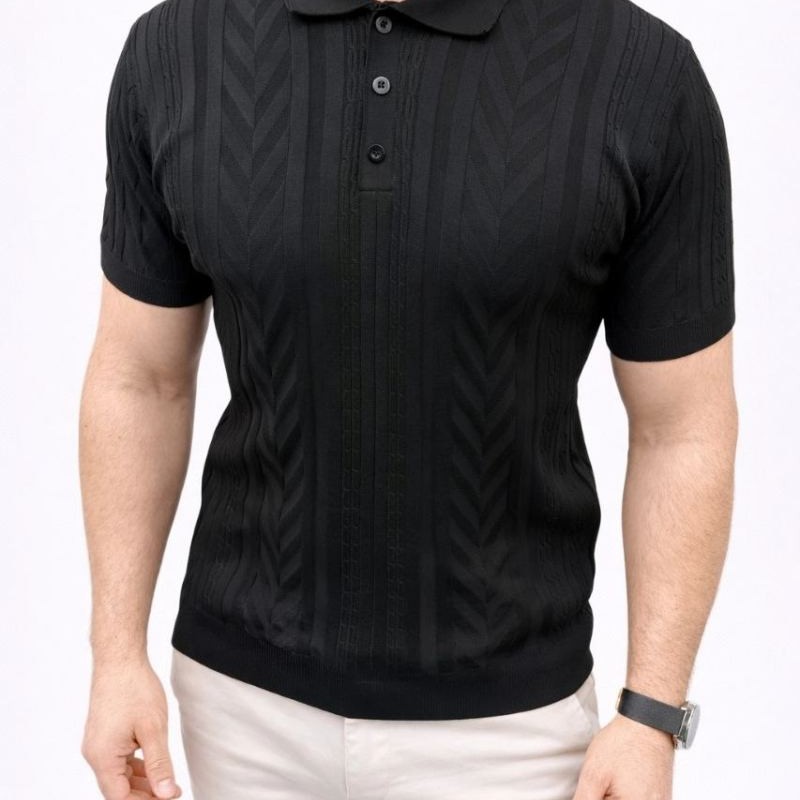 Erkek Yazlık Triko Tişört Kısa Kol Polo Yaka Düğmeli T-Shirt - Siyah Erkek Yazlık Triko Tişört Kısa Kol Polo Yaka Düğmeli T-Shirt - Siyah